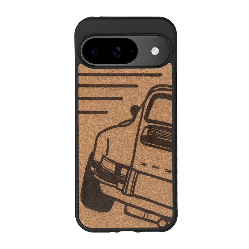 Coque de protection en bois véritable fabriquée en France pour Google Pixel 9 sur le thème de l'automobile avec une authentique Porsche