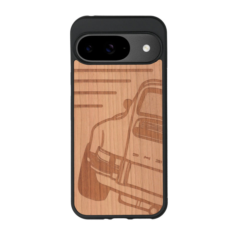 Coque de protection en bois véritable fabriquée en France pour Google Pixel 9 sur le thème de l'automobile avec une authentique Porsche