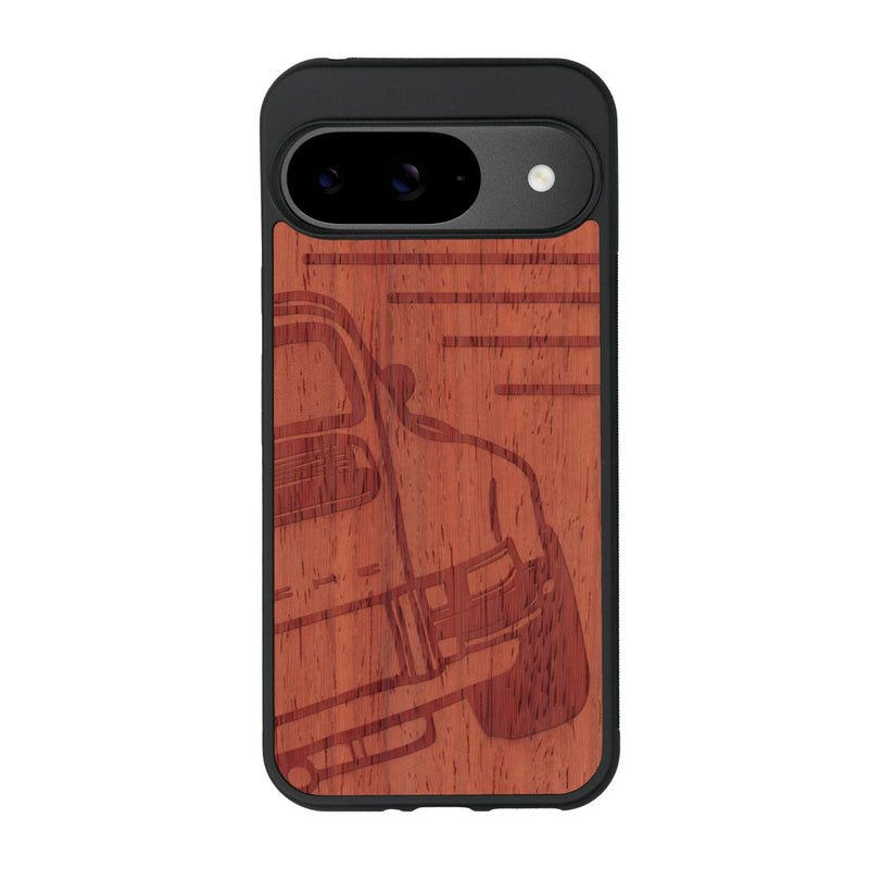 Coque de protection en bois véritable fabriquée en France pour Google Pixel 9 sur le thème de l'automobile avec une authentique Porsche