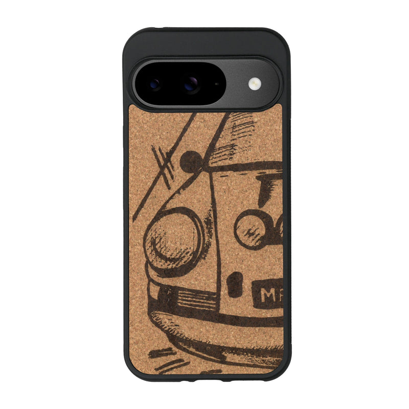 Coque de protection en bois véritable fabriquée en France pour Google Pixel 9 sur le thème de l'automobile avec une authentique Porsche