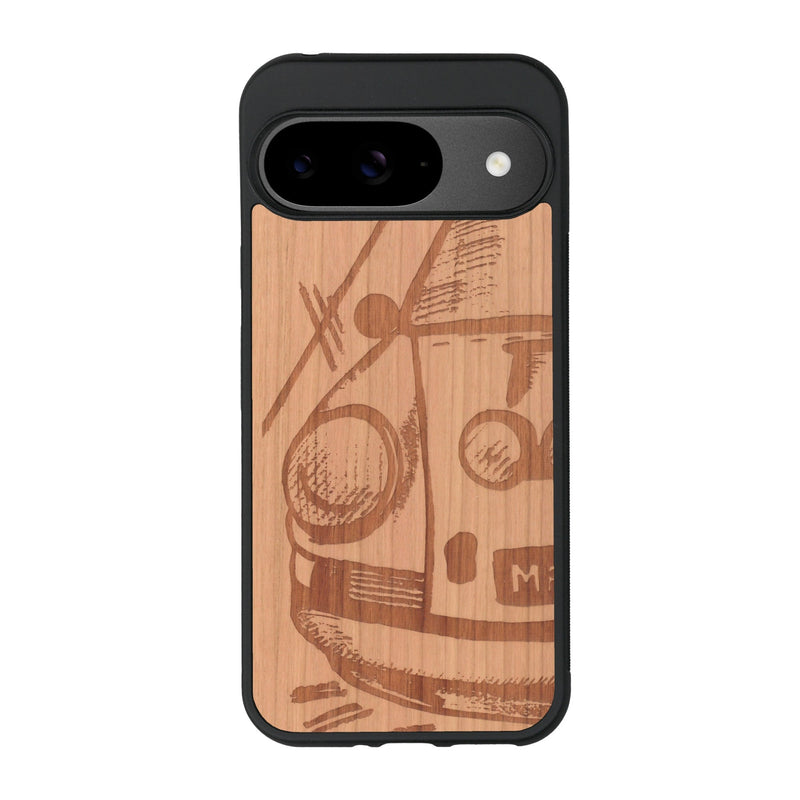 Coque de protection en bois véritable fabriquée en France pour Google Pixel 9 sur le thème de l'automobile avec une authentique Porsche