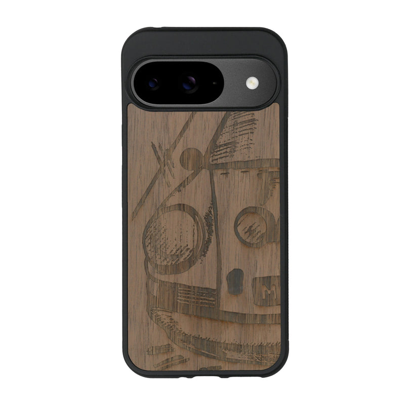 Coque de protection en bois véritable fabriquée en France pour Google Pixel 9 sur le thème de l'automobile avec une authentique Porsche