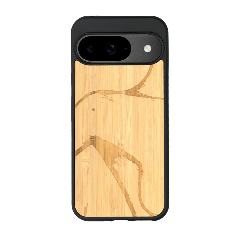 Coque de protection en bois véritable fabriquée en France pour Google Pixel 9 représentant une silhouette féminine dessinée à la main par l'artiste Maud Dabs