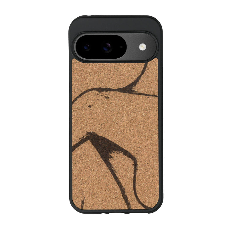 Coque de protection en bois véritable fabriquée en France pour Google Pixel 9 représentant une silhouette féminine dessinée à la main par l'artiste Maud Dabs