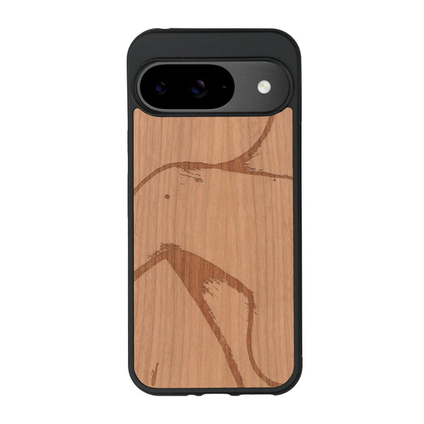 Coque de protection en bois véritable fabriquée en France pour Google Pixel 8A représentant une silhouette féminine dessinée à la main par l'artiste Maud Dabs