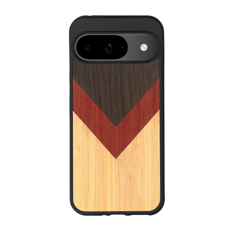 Coque de protection en bois véritable fabriquée en France pour Google Pixel 9 alliant du chêne fumé, du padouk et du bambou en forme de chevron sur le thème de l'art abstrait