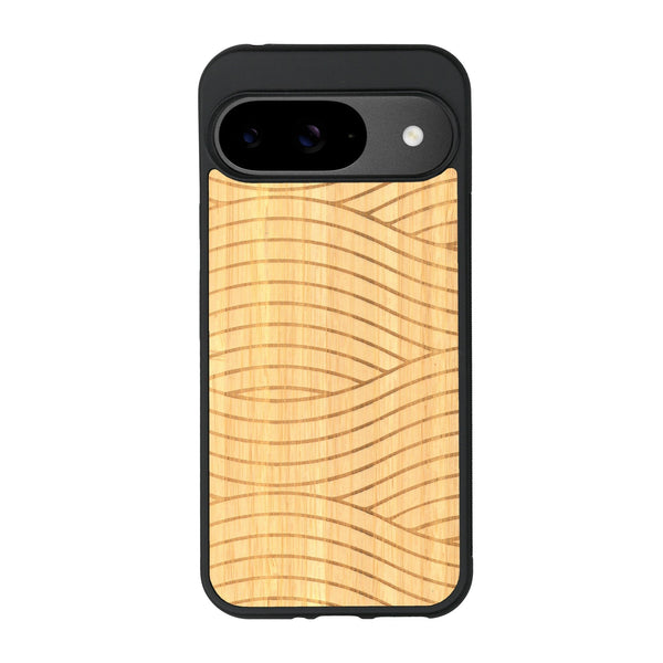 Coque de protection en bois véritable fabriquée en France pour Google Pixel 8A avec un motif moderne et minimaliste sur le thème waves et wavy représentant les vagues de l'océan