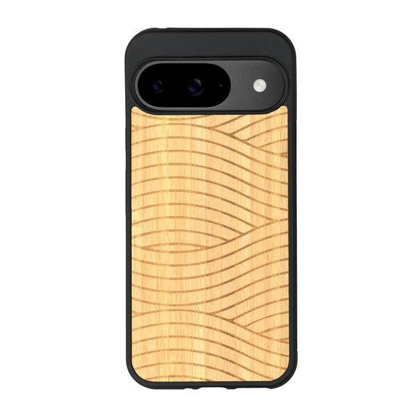 Coque de protection en bois véritable fabriquée en France pour Google Pixel 9 avec un motif moderne et minimaliste sur le thème waves et wavy représentant les vagues de l'océan