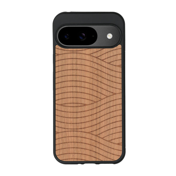 Coque de protection en bois véritable fabriquée en France pour Google Pixel 8A avec un motif moderne et minimaliste sur le thème waves et wavy représentant les vagues de l'océan