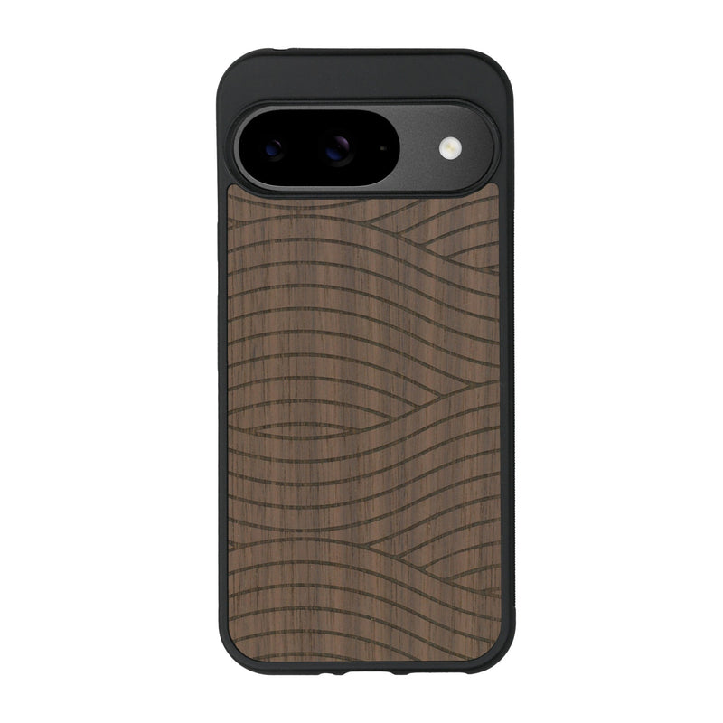 Coque de protection en bois véritable fabriquée en France pour Google Pixel 9 avec un motif moderne et minimaliste sur le thème waves et wavy représentant les vagues de l'océan