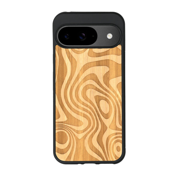 Coque de protection en bois véritable fabriquée en France pour Google Pixel 8A avec un motif abstrait représentant les mouvements de l'eau