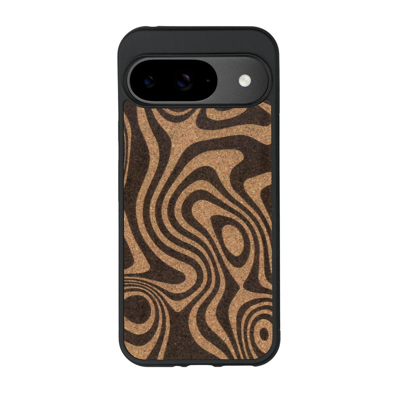 Coque de protection en bois véritable fabriquée en France pour Google Pixel 9 avec un motif abstrait représentant les mouvements de l'eau