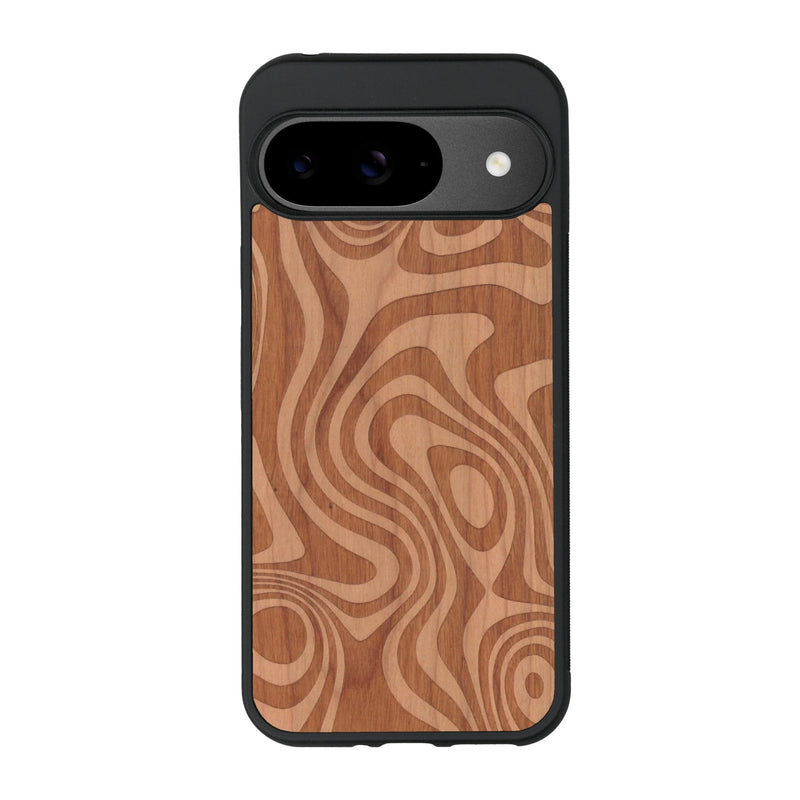 Coque de protection en bois véritable fabriquée en France pour Google Pixel 9 avec un motif abstrait représentant les mouvements de l'eau