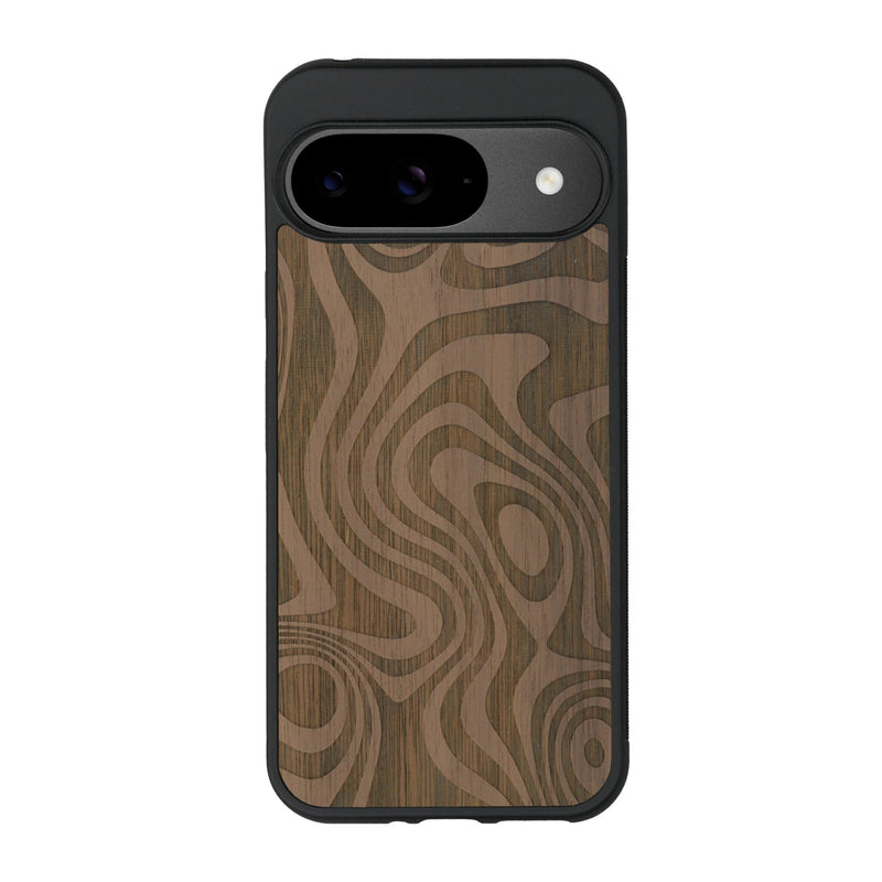 Coque de protection en bois véritable fabriquée en France pour Google Pixel 9 avec un motif abstrait représentant les mouvements de l'eau