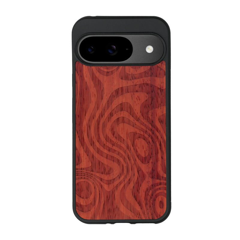 Coque de protection en bois véritable fabriquée en France pour Google Pixel 9 avec un motif abstrait représentant les mouvements de l'eau