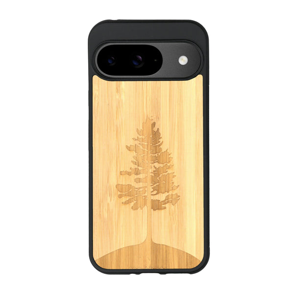 Coque de protection en bois véritable fabriquée en France pour Google Pixel 9 sur le thème de la nature, de la fôret et de l'écoresponsabilité avec une gravure représentant un arbre 