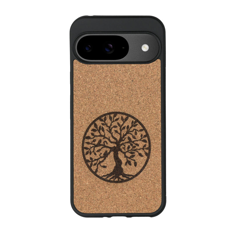 Coque de protection en bois véritable fabriquée en France pour Google Pixel 9 sur le thème de la spiritualité et du yoga avec une gravure zen représentant un arbre de vie