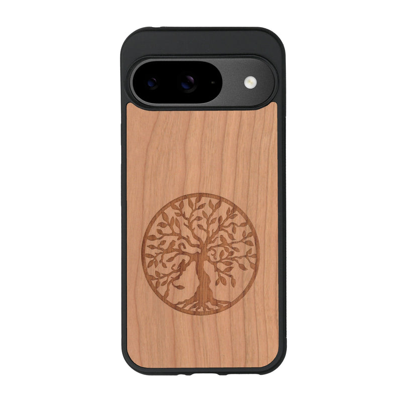 Coque de protection en bois véritable fabriquée en France pour Google Pixel 9 sur le thème de la spiritualité et du yoga avec une gravure zen représentant un arbre de vie