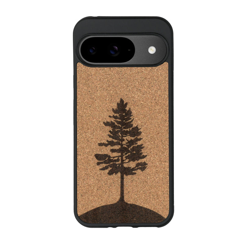 Coque de protection en bois véritable fabriquée en France pour Google Pixel 9 sur le thème de la nature, de la fôret et de l'écoresponsabilité avec une gravure représentant un arbre 