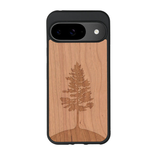 Coque de protection en bois véritable fabriquée en France pour Google Pixel 8A sur le thème de la nature, de la fôret et de l'écoresponsabilité avec une gravure représentant un arbre 