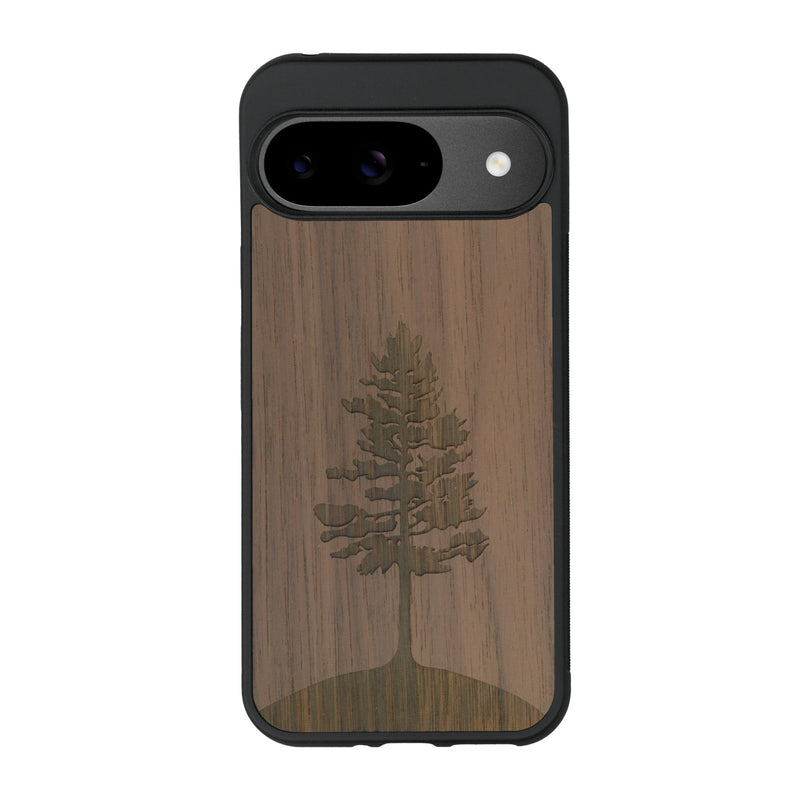 Coque de protection en bois véritable fabriquée en France pour Google Pixel 9 sur le thème de la nature, de la fôret et de l'écoresponsabilité avec une gravure représentant un arbre 