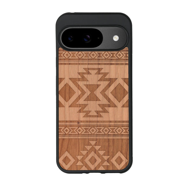 Coque de protection en bois véritable fabriquée en France pour Google Pixel 9 avec des motifs géométriques s'inspirant des temples aztèques, mayas et incas