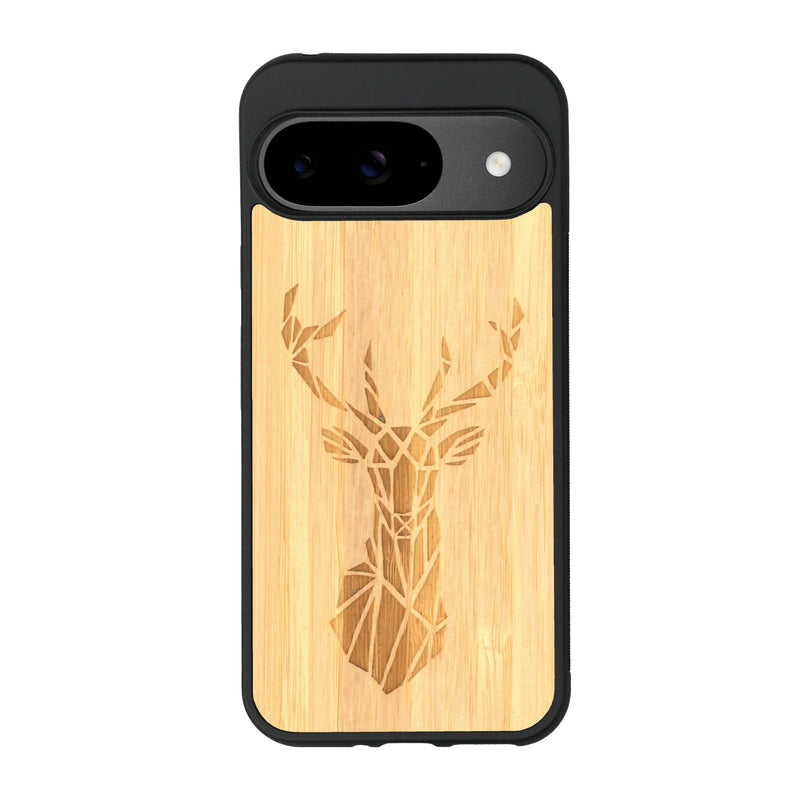 Coque de protection en bois véritable fabriquée en France pour Google Pixel 9 sur le thème de la nature et des animaux représentant une tête de cerf gométrique avec un design moderne et minimaliste