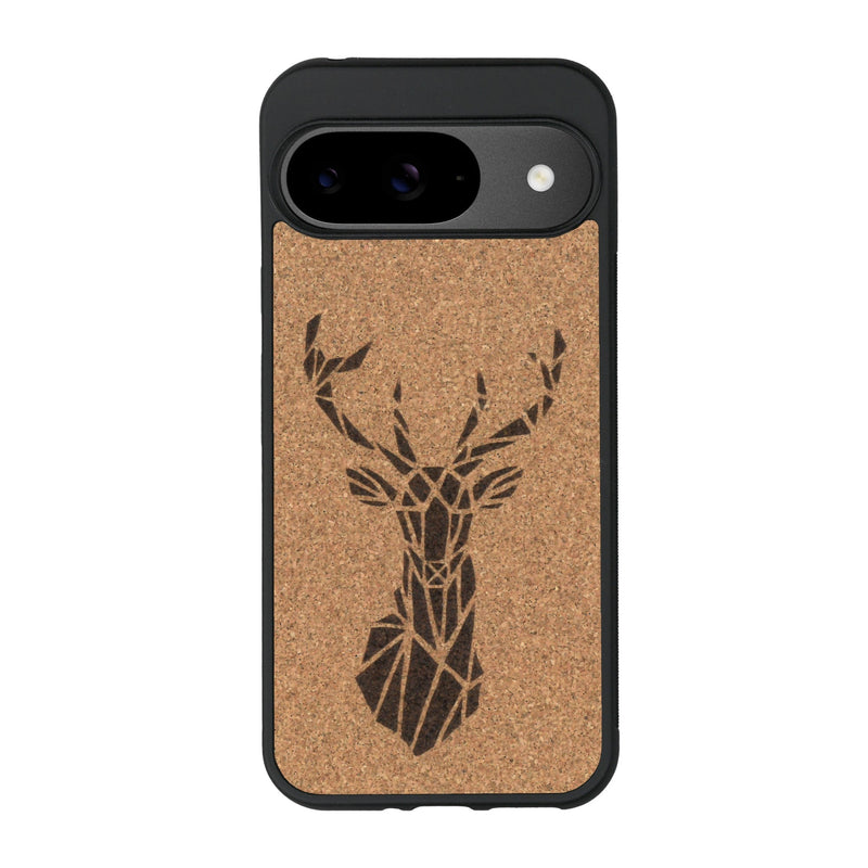 Coque de protection en bois véritable fabriquée en France pour Google Pixel 9 sur le thème de la nature et des animaux représentant une tête de cerf gométrique avec un design moderne et minimaliste