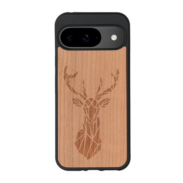 Coque de protection en bois véritable fabriquée en France pour Google Pixel 9 sur le thème de la nature et des animaux représentant une tête de cerf gométrique avec un design moderne et minimaliste