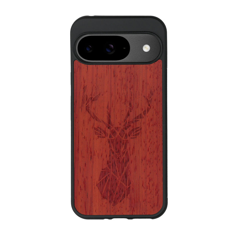 Coque de protection en bois véritable fabriquée en France pour Google Pixel 9 sur le thème de la nature et des animaux représentant une tête de cerf gométrique avec un design moderne et minimaliste