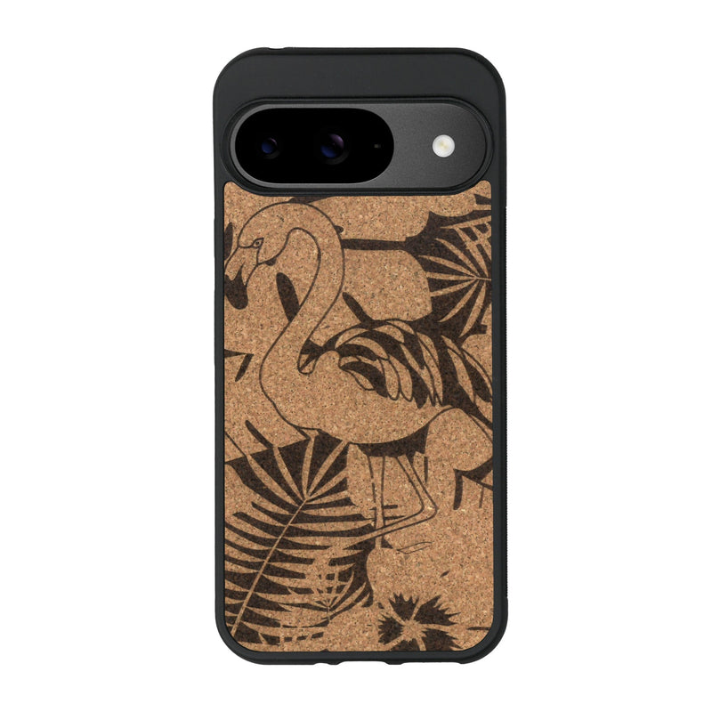 Coque de protection en bois véritable fabriquée en France pour Google Pixel 9 sur le thème de la nature et des animaux représentant un flamant rose entre des fougères