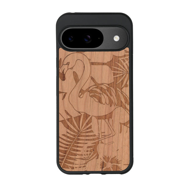 Coque de protection en bois véritable fabriquée en France pour Google Pixel 8A sur le thème de la nature et des animaux représentant un flamant rose entre des fougères