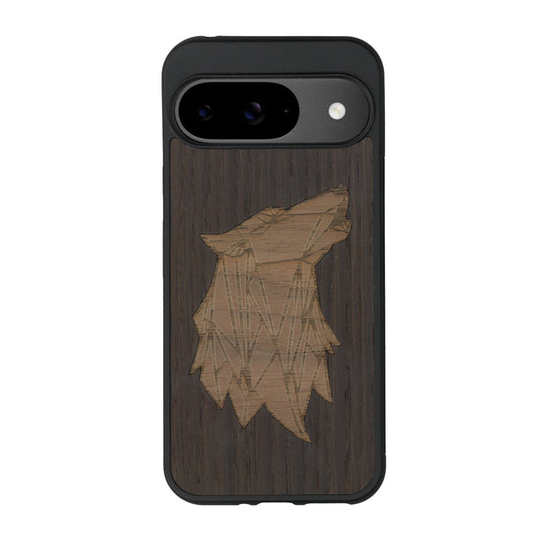 Coque de protection en bois véritable fabriquée en France pour Google Pixel 9 alliant du chêne fumé et du noyer représentant une tête de loup géométrique de profil sur le thème des animaux et de la nature