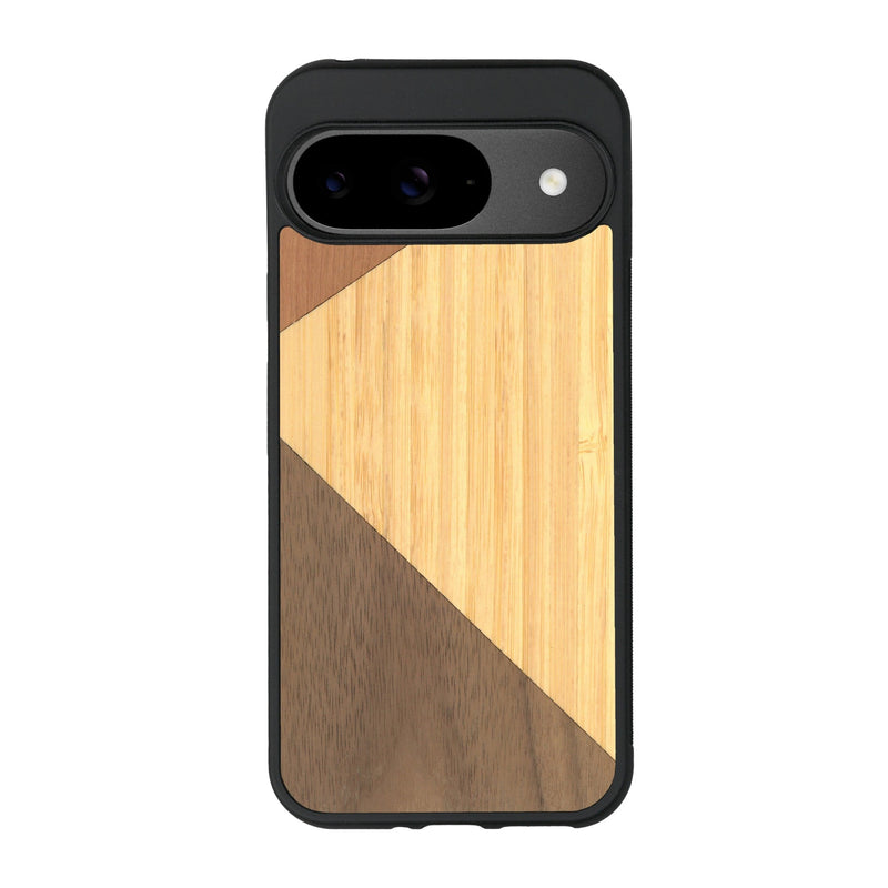 Coque de protection en bois véritable fabriquée en France pour Google Pixel 9 alliant du merisier, du noyer et du bambou formant chacun deux triangles et un trapèze avec deux jointures en diagonale sur le thème de l'art abstrait