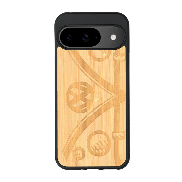 Coque de protection en bois véritable fabriquée en France pour Google Pixel 9 sur le thème de l'automobile avec un van combi