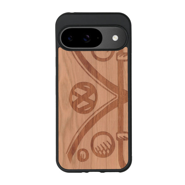 Coque de protection en bois véritable fabriquée en France pour Google Pixel 9 sur le thème de l'automobile avec un van combi