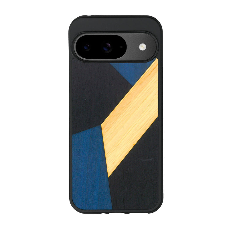 Coque de protection en bois véritable fabriquée en France pour Google Pixel 9 alliant du bambou, du tulipier bleu et noir en forme de mosaïque minimaliste sur le thème de l'art abstrait