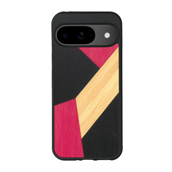 Coque de protection en bois véritable fabriquée en France pour Google Pixel 9 alliant du bambou, du tulipier rose et noir en forme de mosaïque minimaliste sur le thème de l'art abstrait