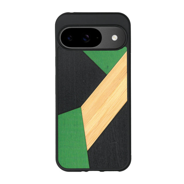 Coque de protection en bois véritable fabriquée en France pour Google Pixel 9 alliant du bambou, du tulipier vert et noir en forme de mosaïque minimaliste sur le thème de l'art abstrait