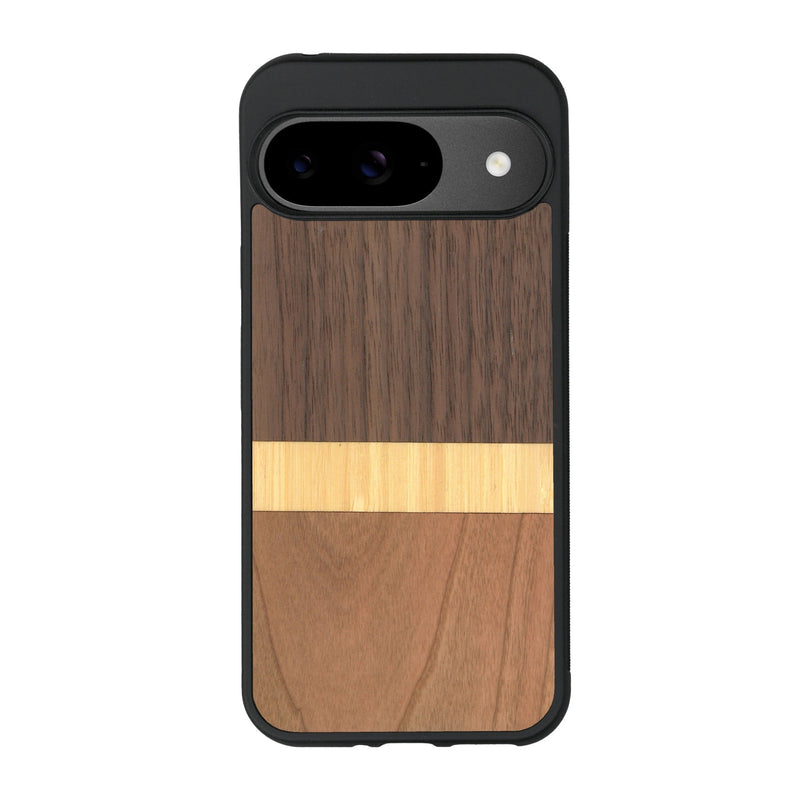 Coque de protection en bois véritable fabriquée en France pour Google Pixel 9 alliant des bandes horizontales de bambou, merisier et noyer