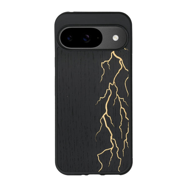 Coque de protection en bois véritable fabriquée en France pour Google Pixel 9 alliant plusieurs essences de bois pour représenter un éclair divin