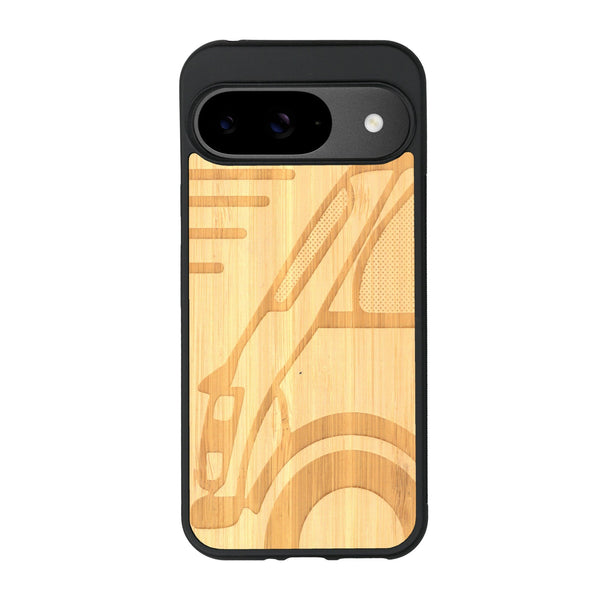 Coque de protection en bois véritable fabriquée en France pour Google Pixel 9 Pro sur le thème de l'automobile avec une authentique Mini Cooper