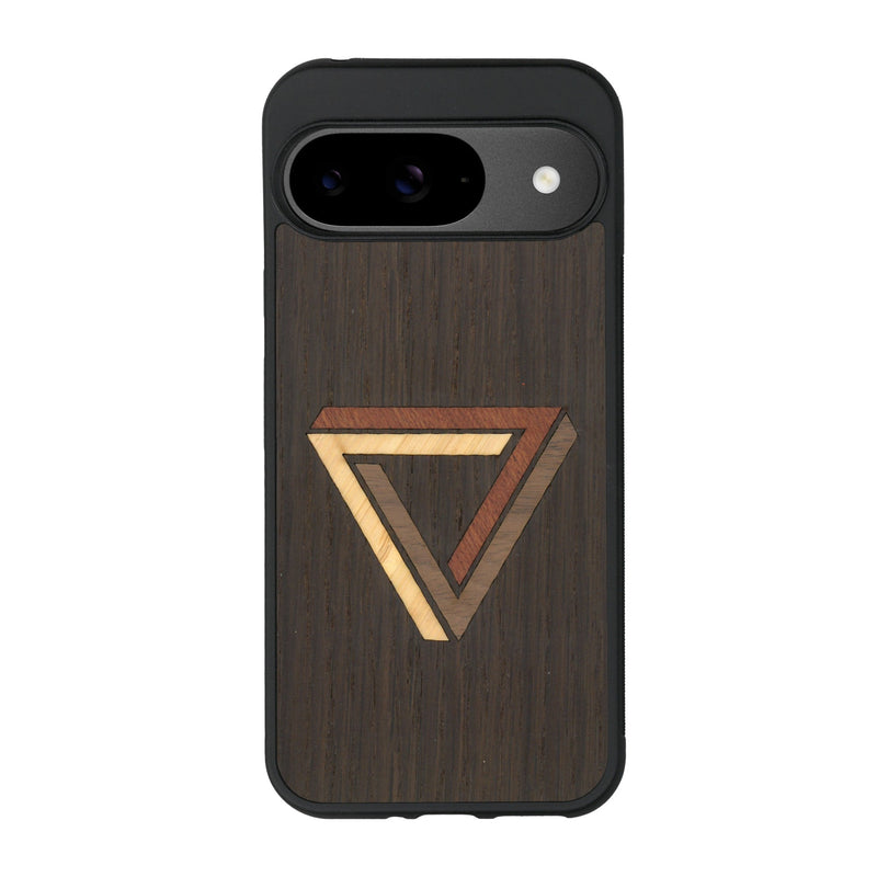 Coque de protection en bois véritable fabriquée en France pour Google Pixel 9 Pro sur le thème de l'art géométrique qui allie du chêne fumé, du noyer, du bambou et du padouk représentant le triangle de penrose