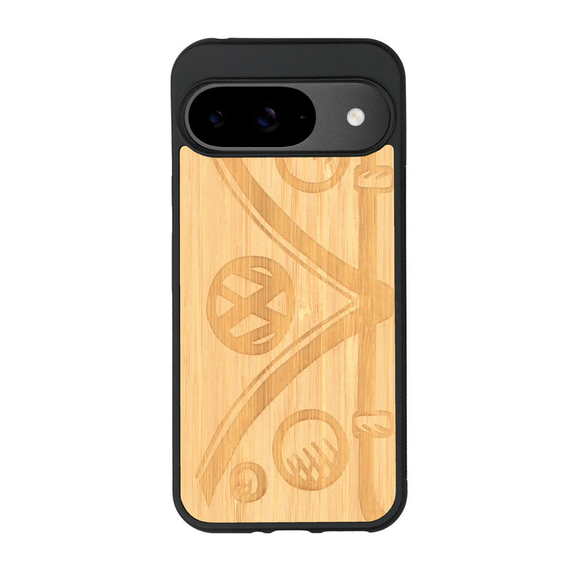 Coque de protection en bois véritable fabriquée en France pour Google Pixel 9 Pro sur le thème de l'automobile avec un van combi