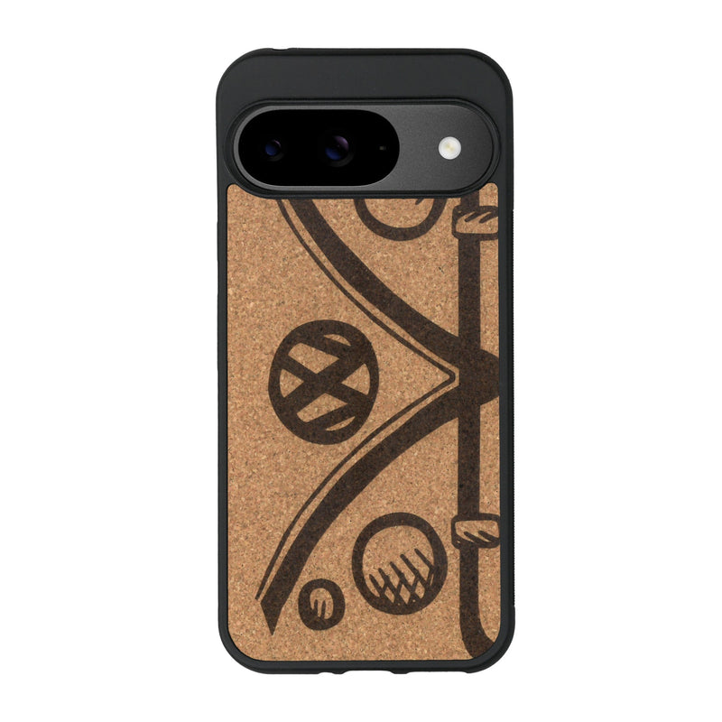 Coque de protection en bois véritable fabriquée en France pour Google Pixel 9 Pro sur le thème de l'automobile avec un van combi