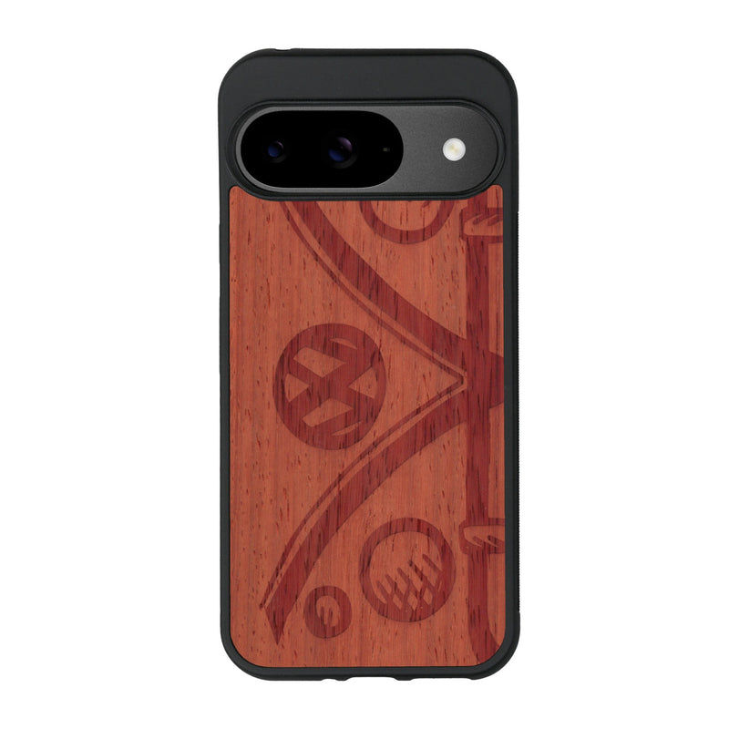 Coque de protection en bois véritable fabriquée en France pour Google Pixel 9 Pro sur le thème de l'automobile avec un van combi