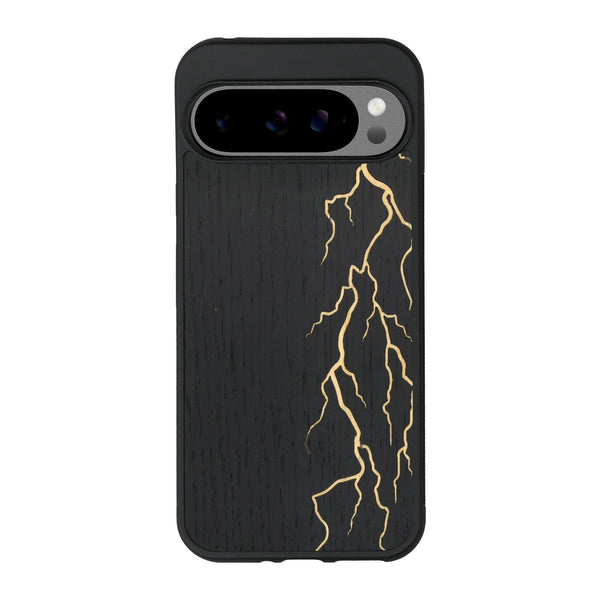 Coque de protection en bois véritable fabriquée en France pour Google Pixel 9 Pro alliant plusieurs essences de bois pour représenter un éclair divin