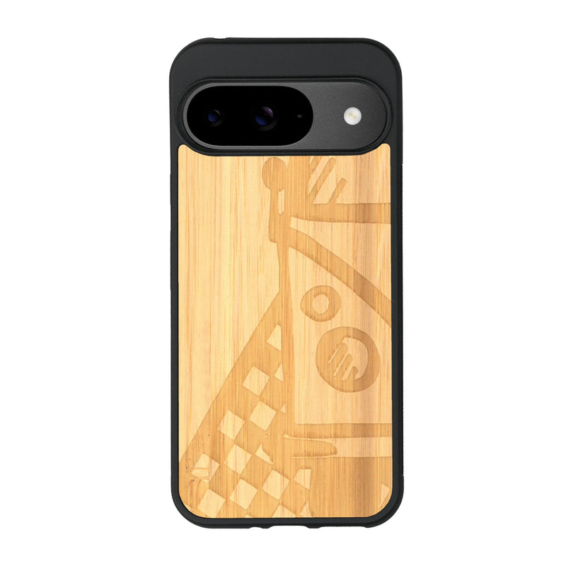 Coque de protection en bois véritable fabriquée en France pour Google Pixel 9 Pro sur le thème du voyage avec un van combi