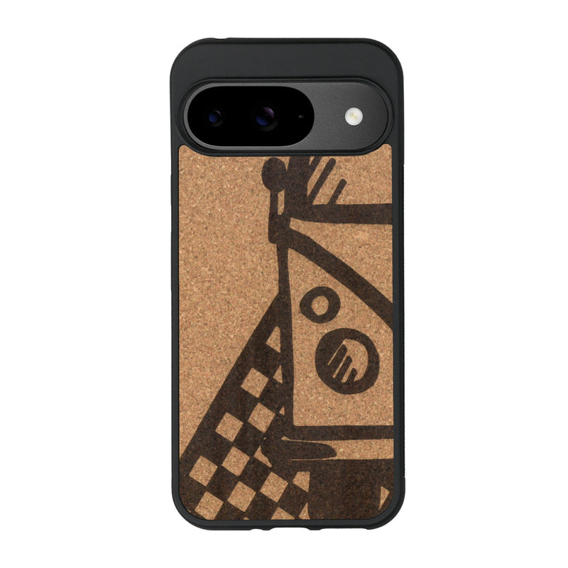 Coque de protection en bois véritable fabriquée en France pour Google Pixel 9 Pro sur le thème du voyage avec un van combi