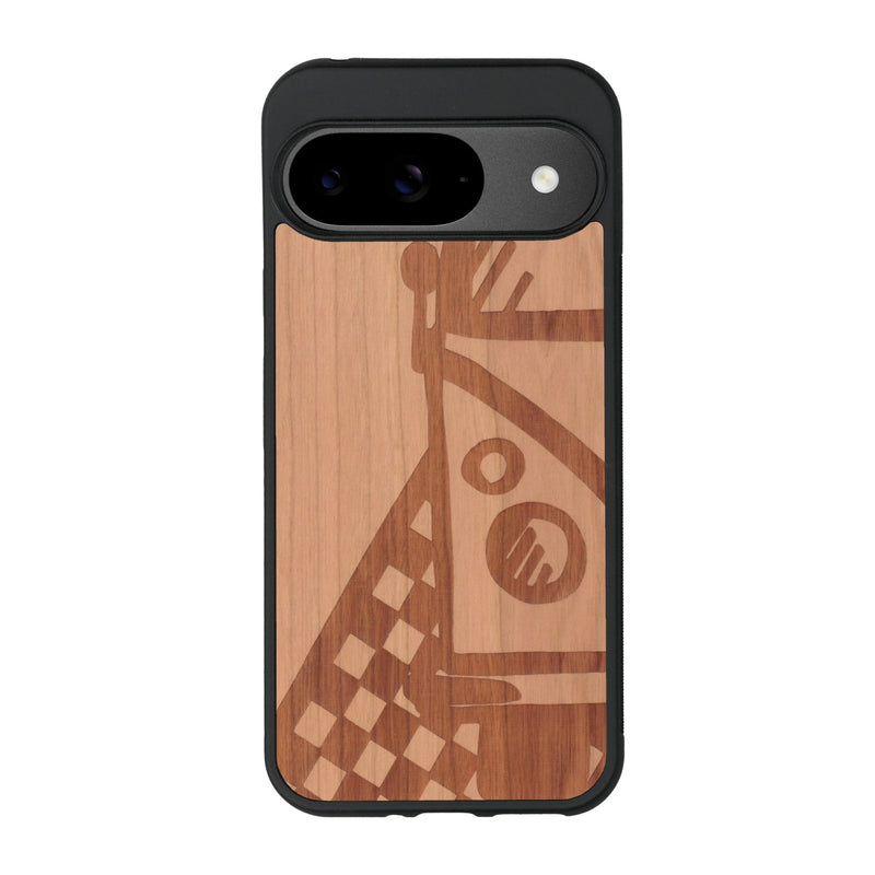 Coque de protection en bois véritable fabriquée en France pour Google Pixel 9 Pro sur le thème du voyage avec un van combi